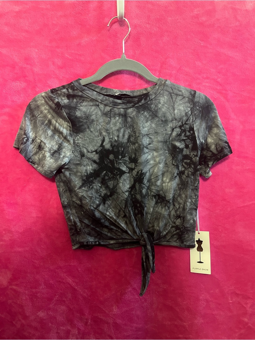 Purple Snow - Black Tie-Dye Front-Tie Crop Tee